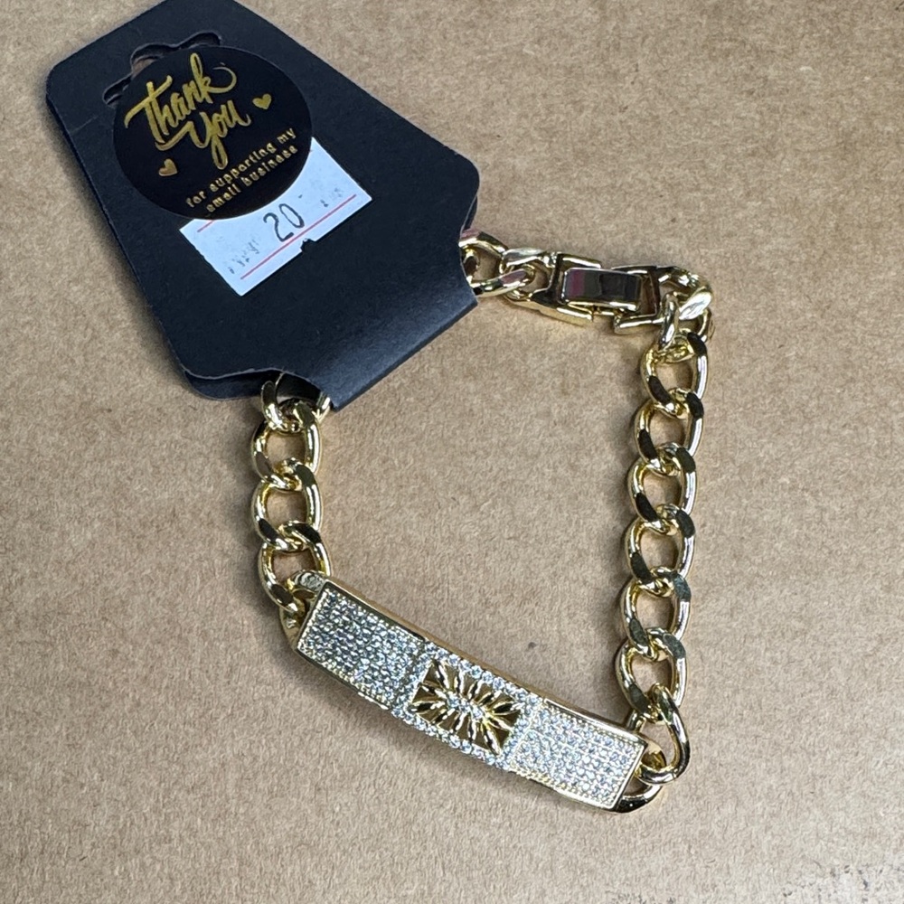 Gold Plated Cuban Link Bracelet with Crystal Bar | Luxury Statement Jewelry